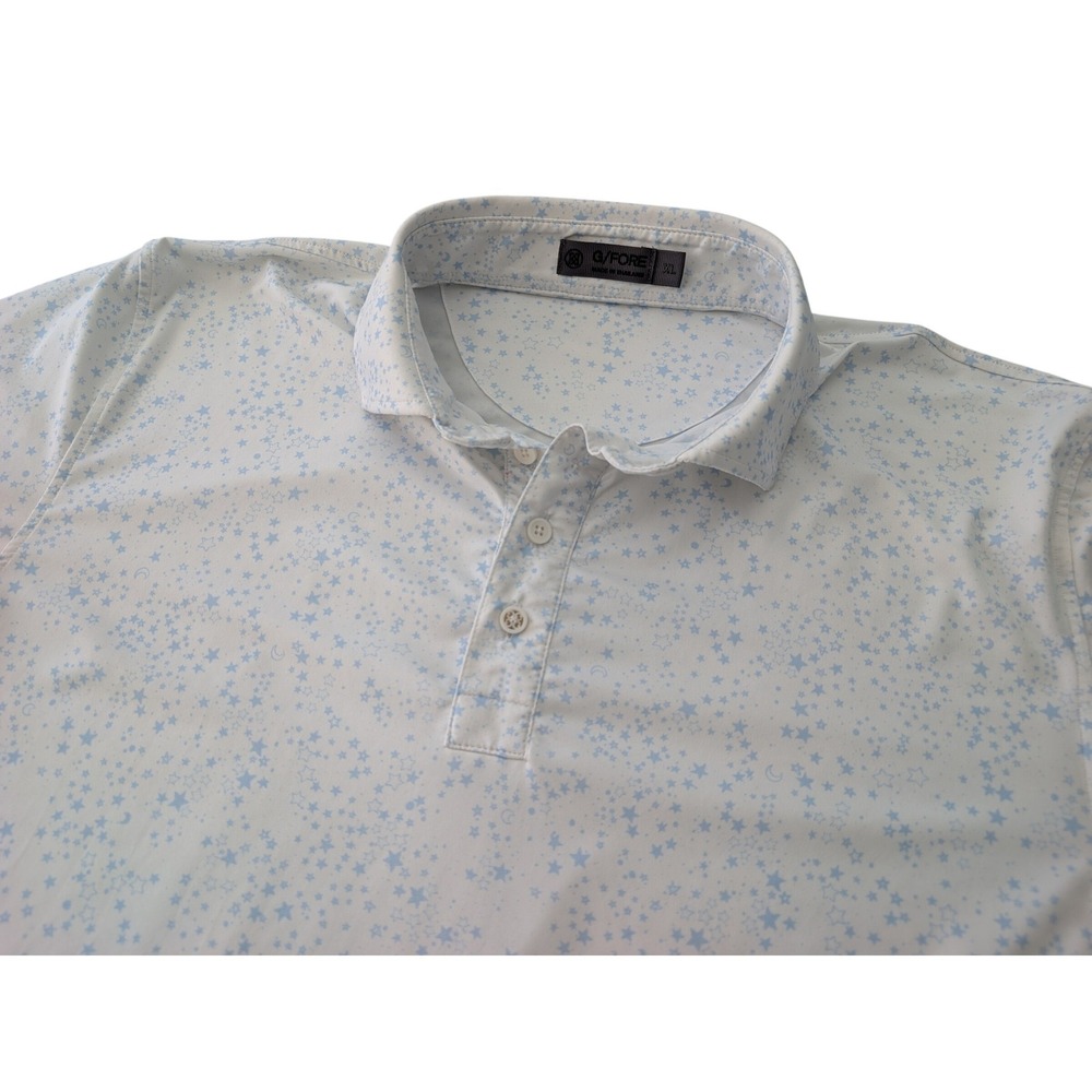 G/FORE Mens XL Golf Polo Shirt Blue‎ White Star Moon Celestial Print Performance